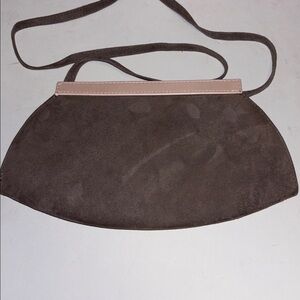 JACQUES VERT OF ITALY TAUPE SUEDE SHOULDER BAG PINK LEATHER TRIM SUEDE STRAP